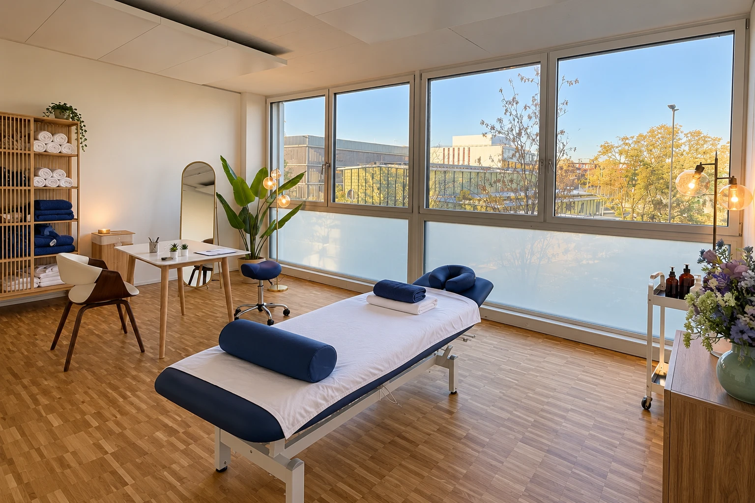Behandlungsraum im Massage Zentrum Dübendorf mit Massageliege, Fensterfront und Handtuchregal