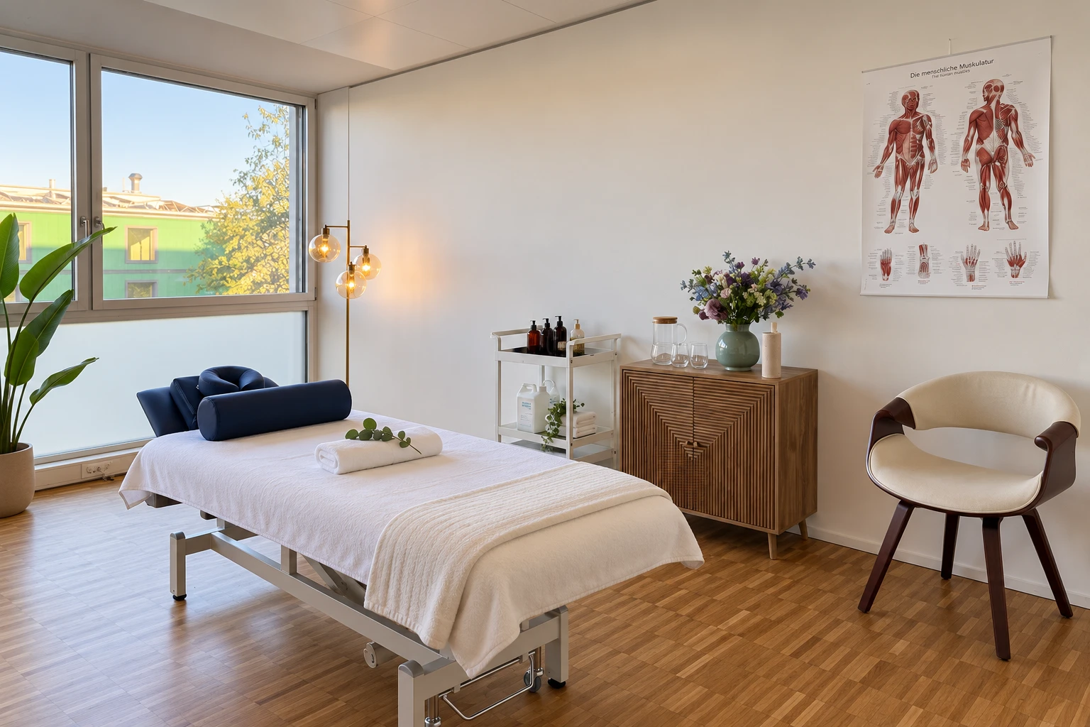 Massageliege mit blauer Kopfstütze, Sideboard und Anatomieposter im Massage Zentrum Dübendorf